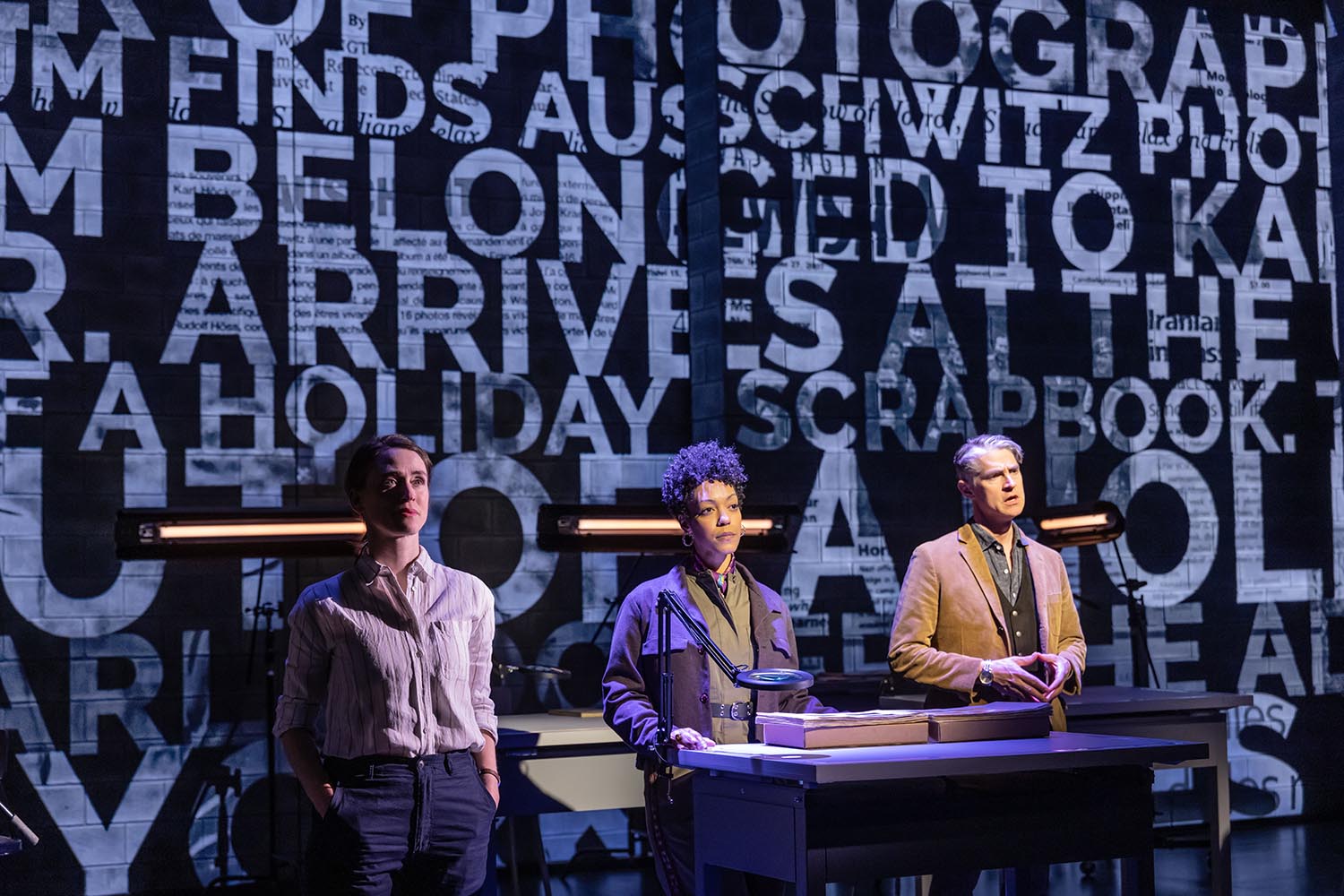 Elizabeth Stahlmann, Nemuna Ceesay, and Scott Barrow in Here There Are Blueberries at New York Theatre Workshop